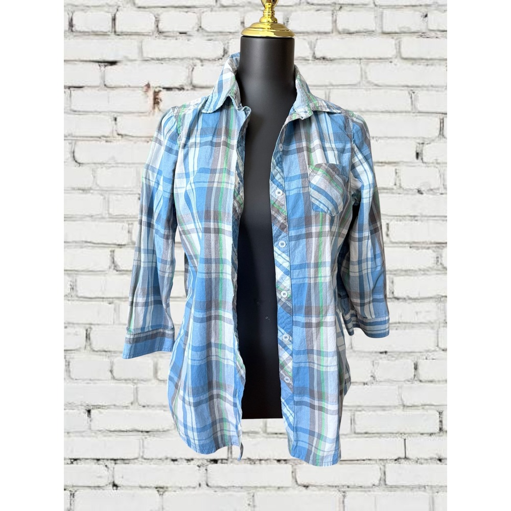 Derek Heart Plaid Button Down‎ Women Medium Blue Green 3/4 Sleeve Cotton Shirt